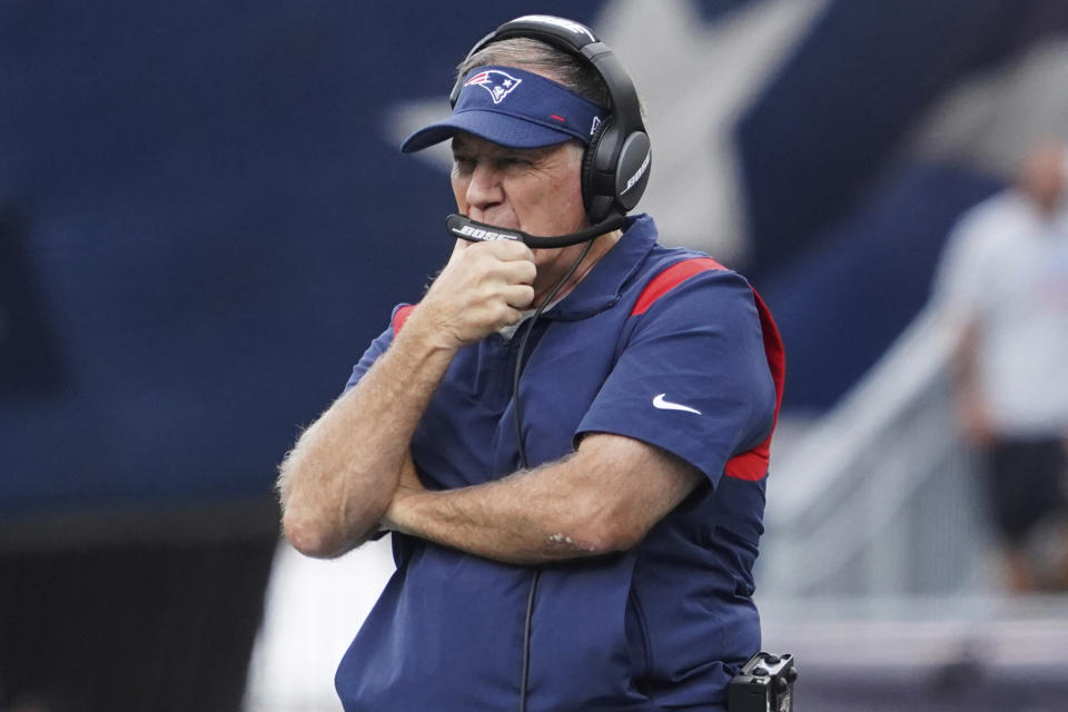 New England Patriots head coach Bill Belichick looks on during an NFL football game against the New Orleans Saints, Sunday, Sept. 26, 2021, in Foxborough, Mass. (AP Photo/Mary Schwalm)