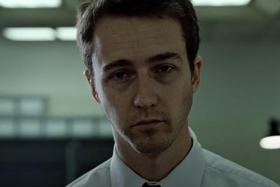 Close-up of "Fight Club" Narrator (Ed Norton) staring blankly