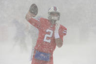 <p>Buffalo Bills quarterback Nathan Peterman warms-up while it snows before an NFL football game between the Buffalo Bills and the Indianapolis Colts, Sunday, Dec. 10, 2017, in Orchard Park, N.Y. (AP Photo/Adrian Kraus) </p>
