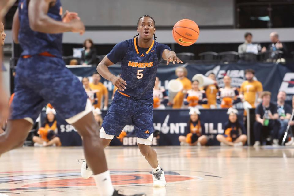 UTEP freshman guard David Terrell Jr. passes the ball against Sam Houston State Friday afternoon in Probst Arena in Huntsville, Ala.