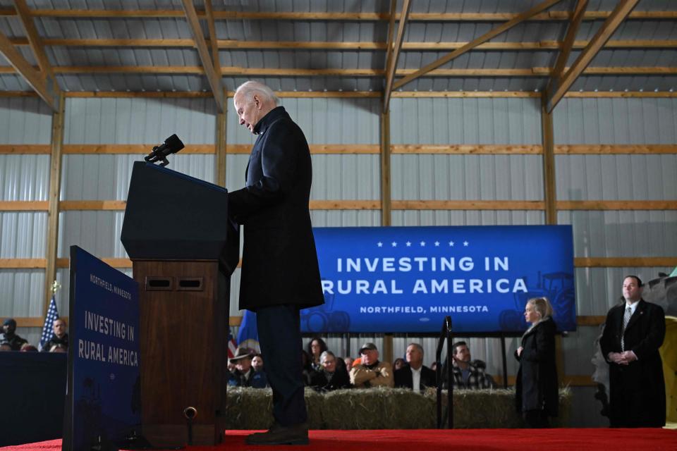 US President Joe Biden speaks about his Bidenomics agenda at Dutch Creek Farms in Northfield, Minnesota, on November 1, 2023.