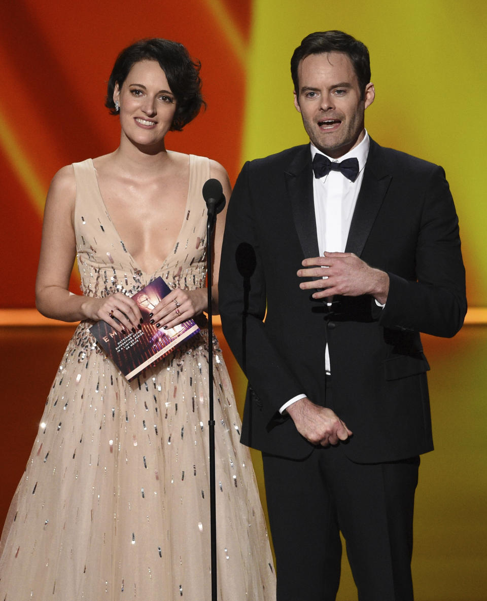 Phoebe Waller-Bridge, left, and Bill Hader present the award for outstanding supporting actor in a limited series or movie at the 71st Primetime Emmy Awards on Sunday, Sept. 22, 2019, at the Microsoft Theater in Los Angeles. (Photo by Chris Pizzello/Invision/AP)