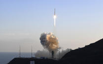 The Nuri rocket, the first domestically produced space rocket, lifts off from a launch pad at the Naro Space Center in Goheung, South Korea, Thursday, Oct. 21, 2021. (Korea Pool/Yonhap via AP)