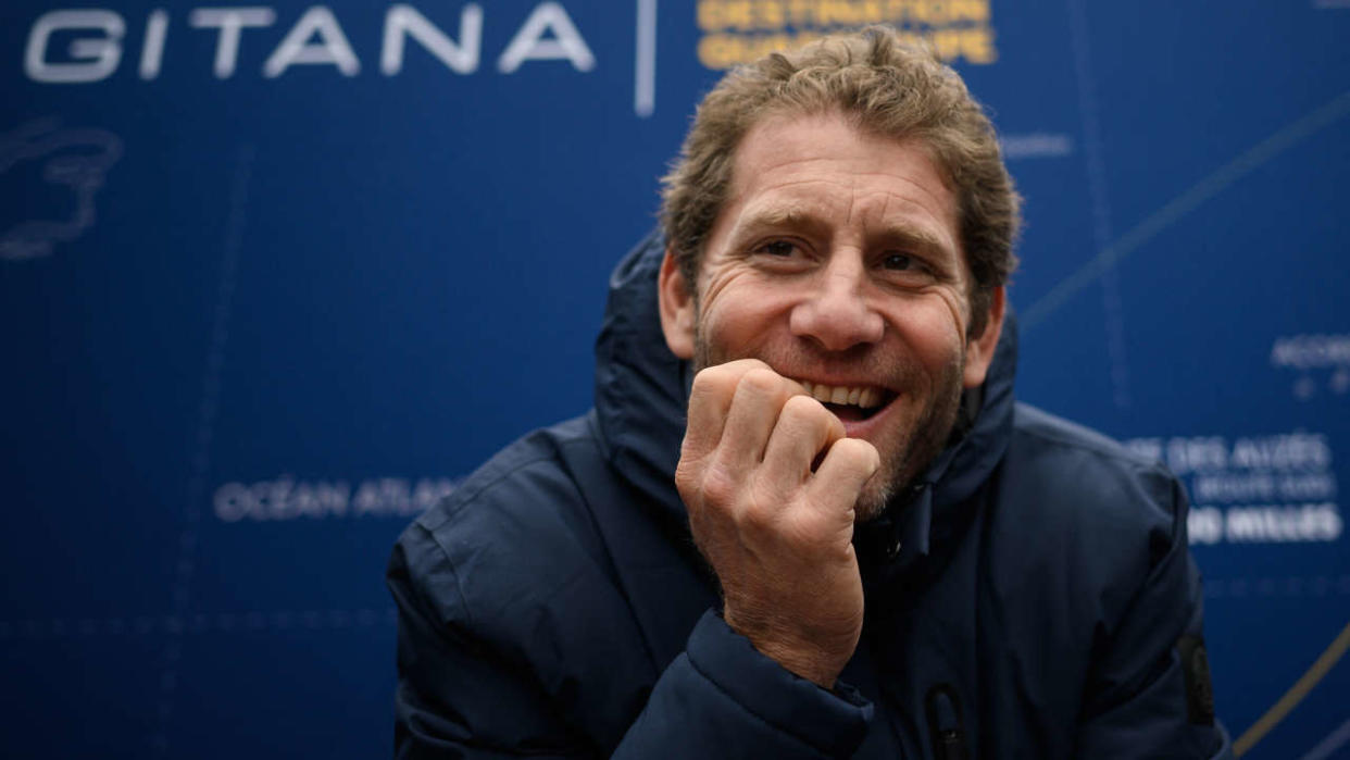 French skipper Charles Caudrelier gives a press point following the announcement of the delay of the Route du Rhum solo sailing race, in Saint-Malo on November 5, 2022. - The Route du Rhum solo sailing race should have started on November 6, 2022, from Saint-Malo to  Pointe-a-Pitre in Guadeloupe. (Photo by LOIC VENANCE / AFP)