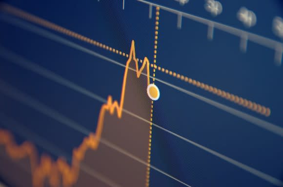 A blue background with an orange line chart showing the up and down movement of stocks.