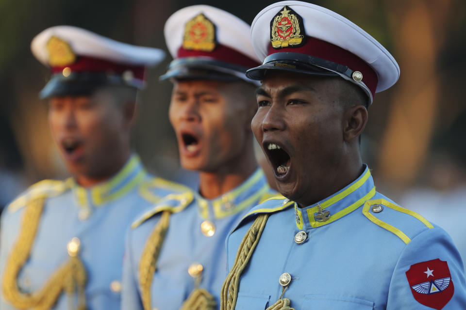 High-ranking soldiers shout commands during a ceremony marking Myanmar's 76th anniversary of Independence Day in Naypyitaw, Myanmar, Thursday, Jan. 4, 2024. (AP Photo/Aung Shine Oo)