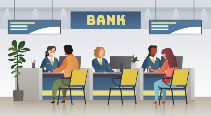 Illustration of the inside of a bank. Bank stocks.