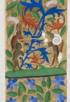 A rabbit and a snail sit on top of a pair of monkey's shoulders, jousting.