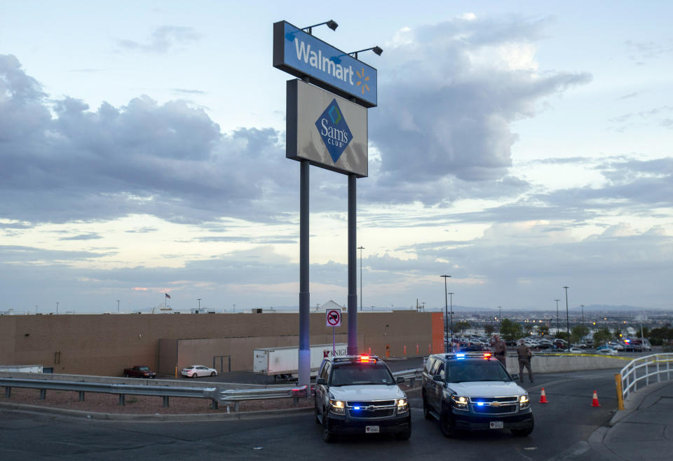 Texas state police cars are seen at the El Paso Walmart where a gunman opened fire and killed 22 people on Aug. 3, 2019. (Photo: ASSOCIATED PRESS)