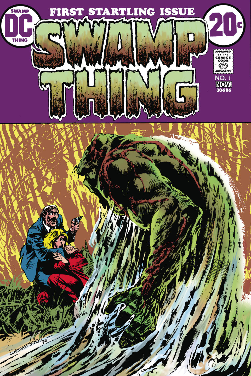 The cover of Swamp Thing #1 features the titular green hero towering over Abigail Arcane and Matthew Cable with his gun drawn.