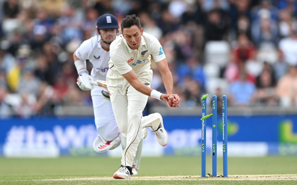 England batsman Alex Lees is run out by Trent Boult during day four of the third Test Match between England and New Zealand at Headingley on June 26, 2022 in Leeds, England. - GETTY IMAGES