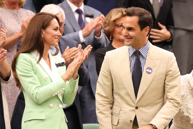 Catherine, Princess of Wales with Roger Federer and his wife Mirka Federer in the Royal Box on Centre Court during day two of The Championships Wimbledon 2023 at All England Lawn Tennis and Croquet Club on July 4, 2023 in London, England.