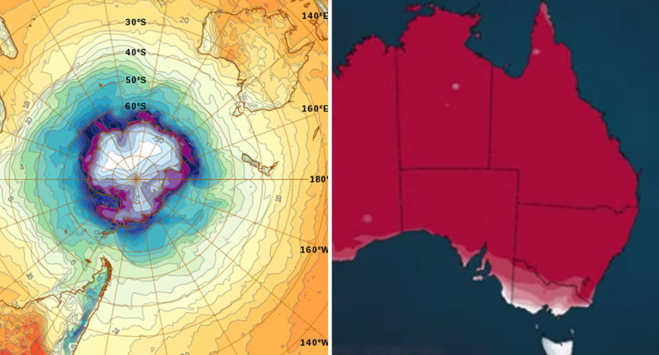 Maps from BoM showing the Antarctic wind system and the above average temperature expected in Spring.