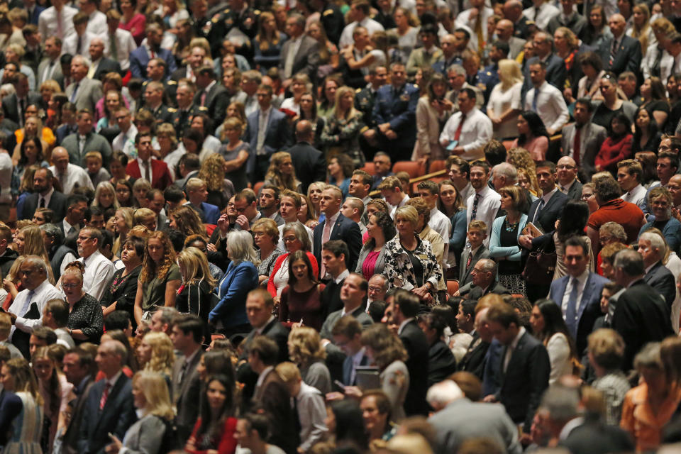 People attend during the twice-annual conference of The Church of Jesus Christ of Latter-day Saints Saturday, Oct. 6, 2018, in Salt Lake City. (AP Photo/Rick Bowmer)