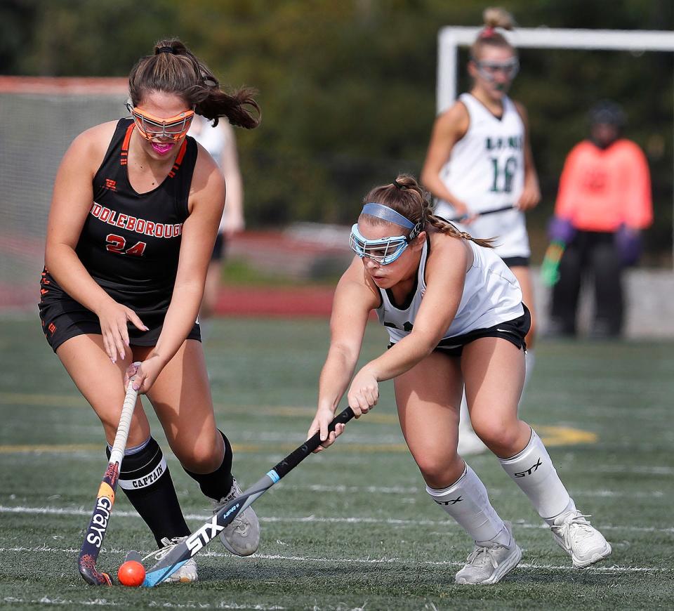 Middleboro captain Eva Jenness and Marshfield's Maegan Condon battle for the ball.