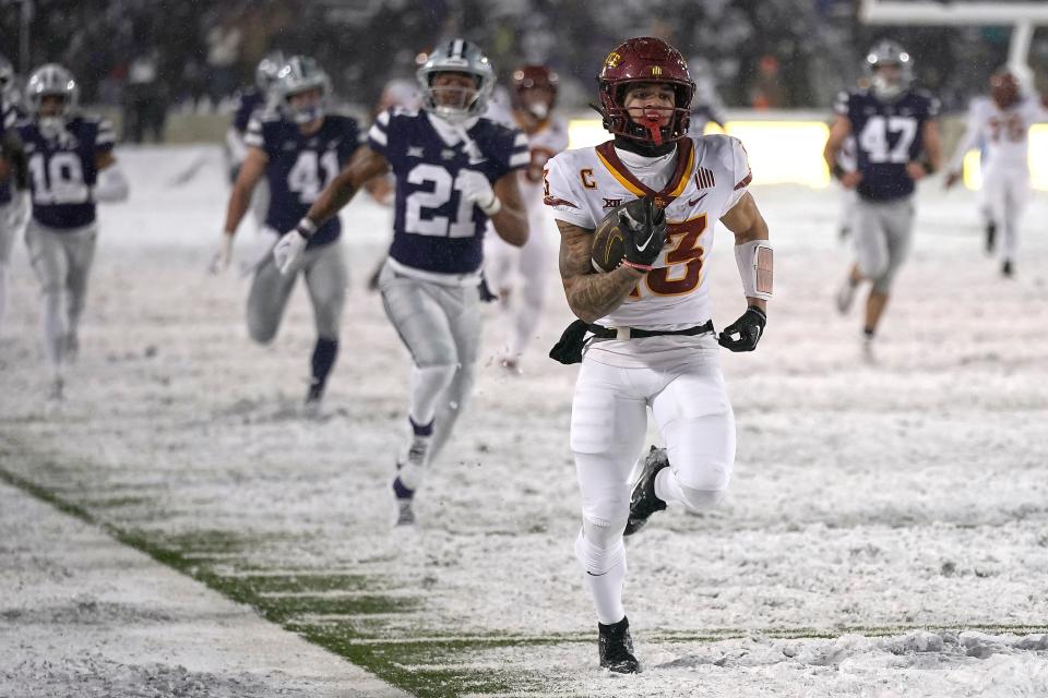 Iowa State wide receiver Jaylin Noel runs for a touchdown during the second half of Saturday's game at Kansas State.