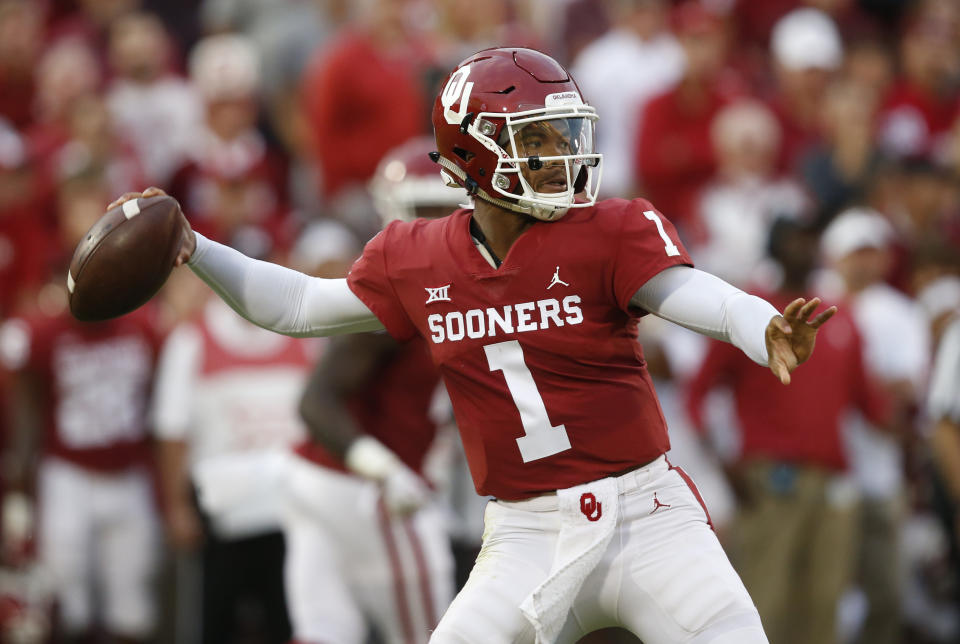 FILE - In this Sept. 22, 2018, file photo, Oklahoma quarterback Kyler Murray (1) throws in the first half of an NCAA college football game against Army, in Norman, Okla. Murray was named The Associated Press college football Player of the Year, Thursday, Dec. 6, 2018. (AP Photo/Sue Ogrocki, File)