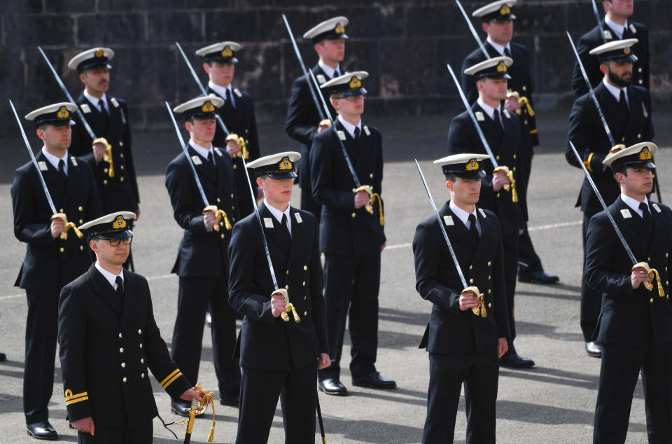 <p>General view of the Passing-out parade at the Britannia Royal Naval College in Dartmouth, that was attended by Prime Minister Boris Johnson during his visit in commemoration of the Duke of Edinburgh. Picture date: Thursday April 15, 2021.</p>
