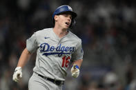 Los Angeles Dodgers' Will Smith runs the bases after hitting a home run in the fourth inning in Game 1 of baseball's National League Championship Series against the Atlanta Braves Saturday, Oct. 16, 2021, in Atlanta. (AP Photo/Ashley Landis)