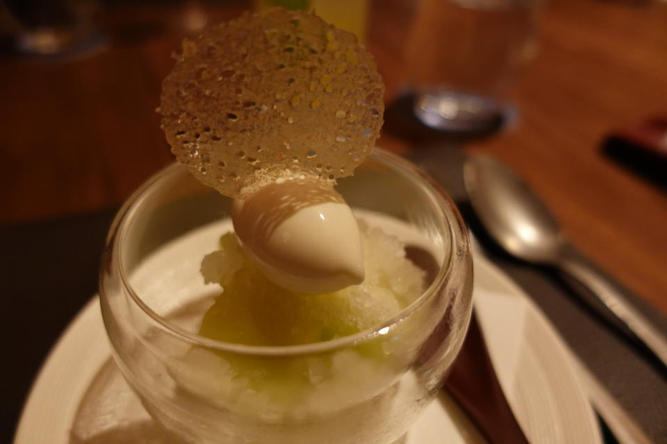 World-renowned Japanese musk melon from Shizuoka Prefecture, Chef Tetsuya’s hometown, is served with refreshing Cointreau granita and a quenelle of fromage blanc sorbet, finished with a delicate candy tuile.
