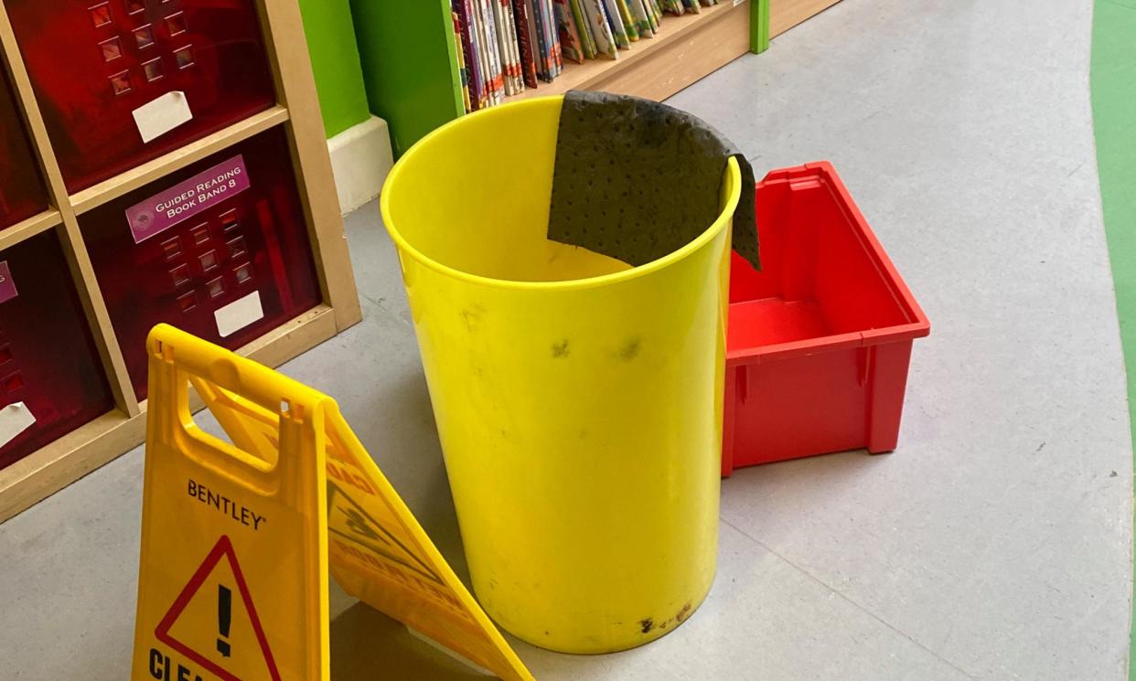 <span>Many schools are routinely using buckets to catch water from leaking roofs</span><span>Photograph: Warneford Consulting</span>