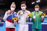 <p>Bronze medalist Angelina Melnikova of Team ROC, Lee and silver medalist Rebeca Andrade of Team Brazil posed proudly with their medals after the women's all-around final on day six of the Tokyo Olympic Games.</p>