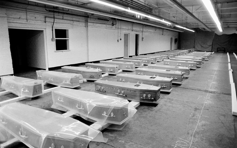 Coffins waiting for gravediggers to end their strike before funerals can take place, December 1978 - Hulton Archive