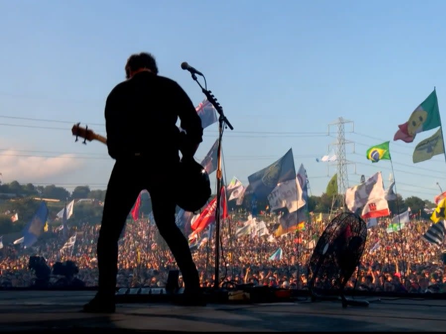 Royal Blood frontman Mike Kerr on the Pyramid Stage at Glastonbury, Friday 23 June 2023 (BBC)