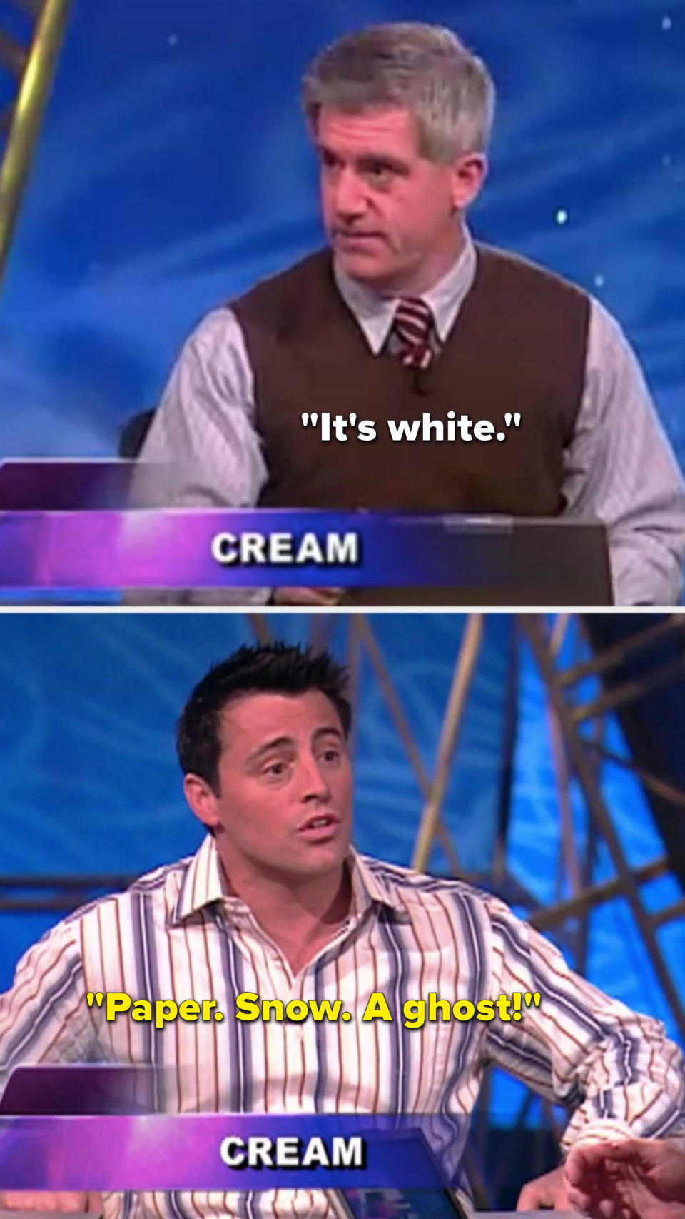 The word is cream, Joey's partner says, "It's white" and Joey says, "Paper, snow, a ghost"