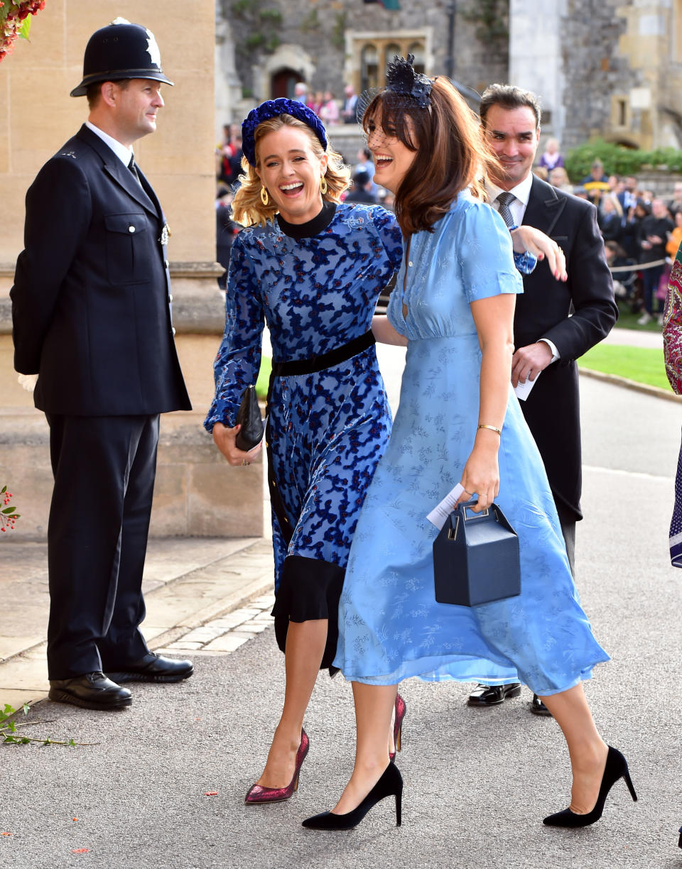Cressida Bonas arrived in a pretty navy midi dress with contrasting burgundy heels. Photo: Getty