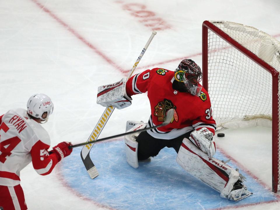 Detroit Red Wings right wing Bobby Ryan (54) scores a goal past Chicago Blackhawks goaltender Malcolm Subban (30) in the first period at the United Center on Feb. 27, 2021, in Chicago.