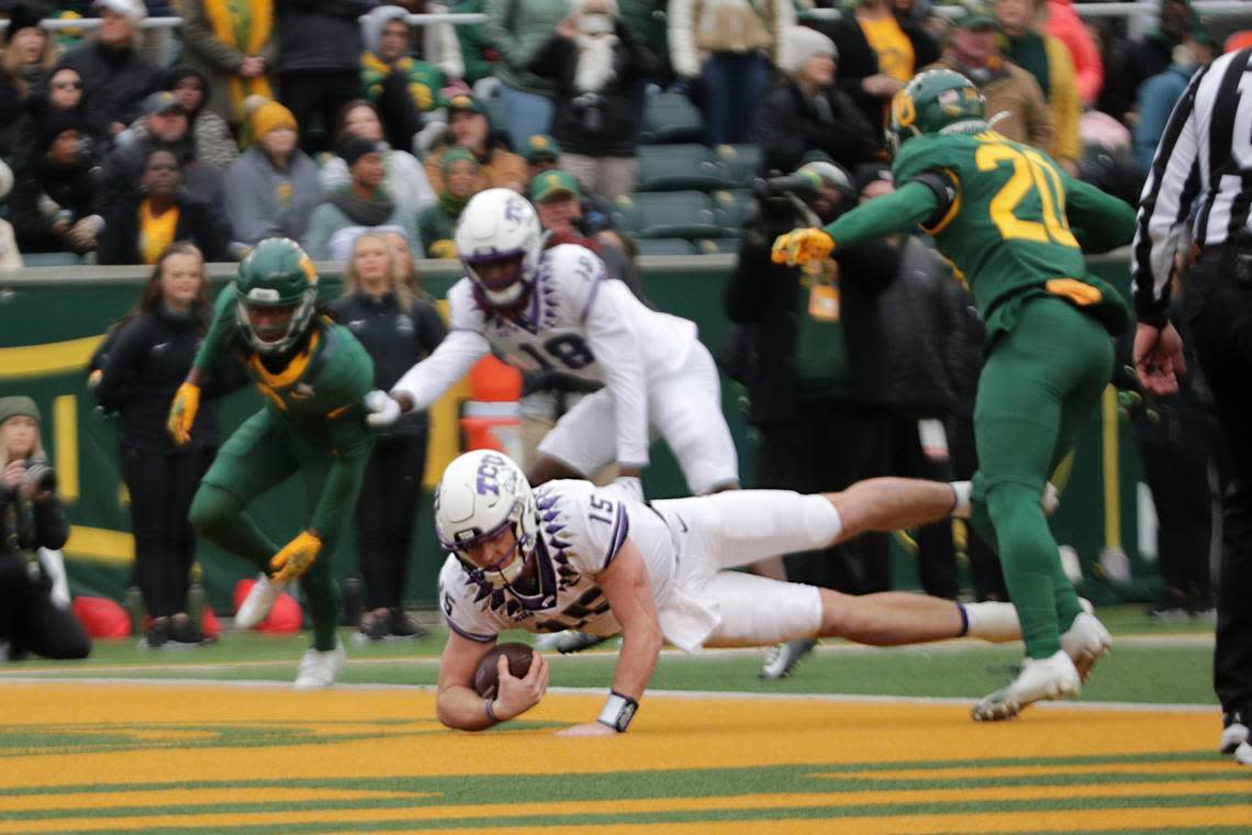 TCU quarterback Max Duggan scores a touchdown during their game against Baylor at McLane Stadium in Waco on Saturday, Nov. 19, 2022.