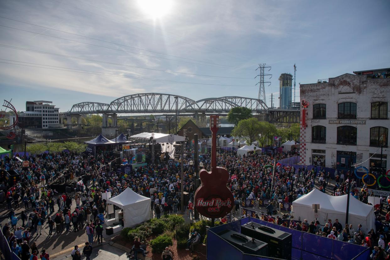 Fans gather to watch English Premier League soccer during Premier League Fan Fest, off Broadway at Riverfront Park in Nashville, Tenn., Saturday, April 6, 2024.