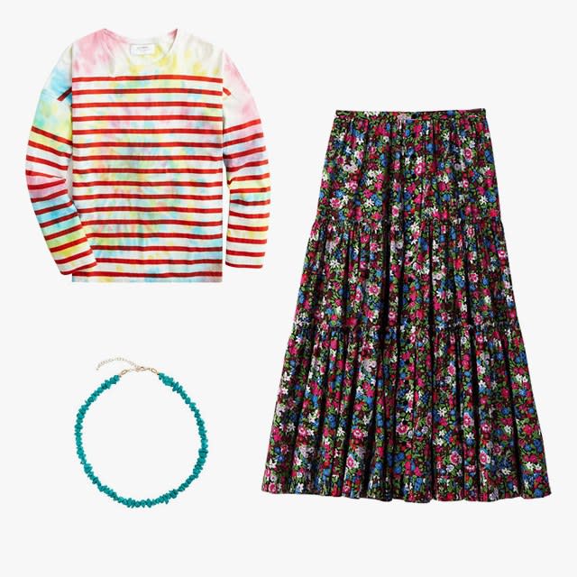 La Ligne x J.Crew tie-dye striped Charlotte tee, $148, jcrew.com; Marc Jacobs the prairie skirt, $350, marcjacobs.com; Donni turquoise choker, $84, shopdonni.com