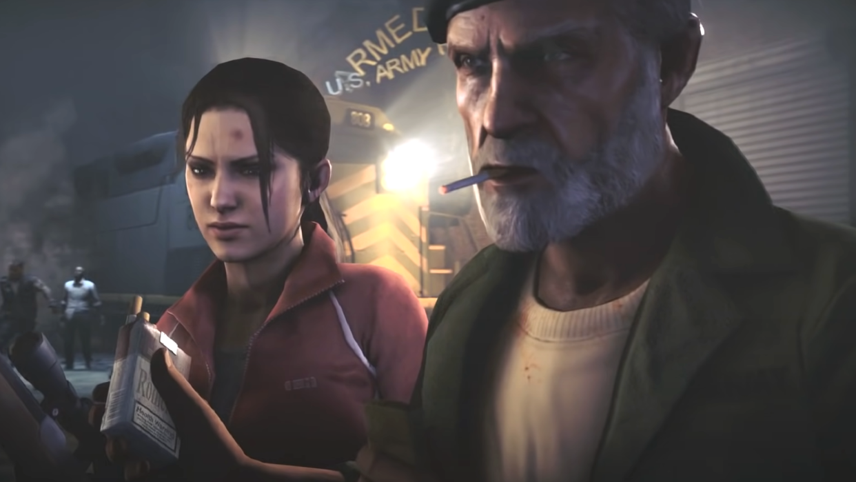  Bill, a grizzled soldier from Valve's Left 4 Dead, offers Zoey a cigarette amidst gloomy environs. 