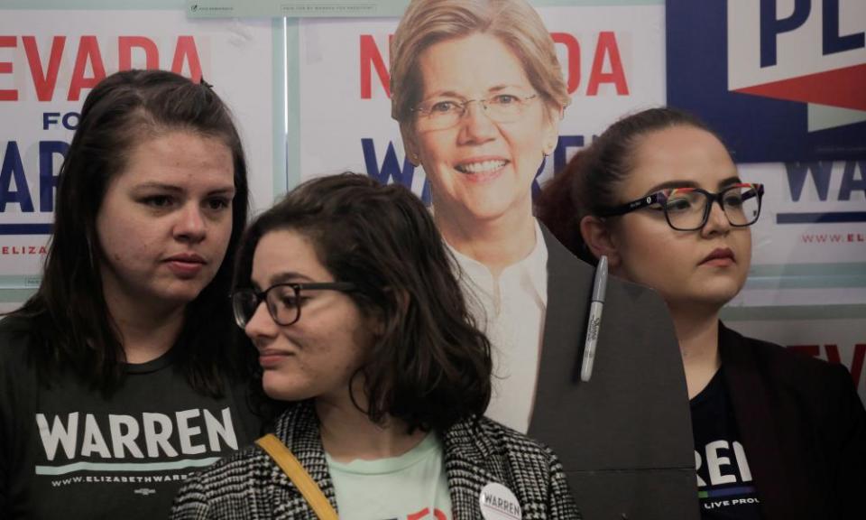 Supporters listen next to a cardboard cutout of Senator Elizabeth Warren during a ‘Canvass Kickoff’ event at Warren’s campaign field office in North Las Vegas on Thursday.