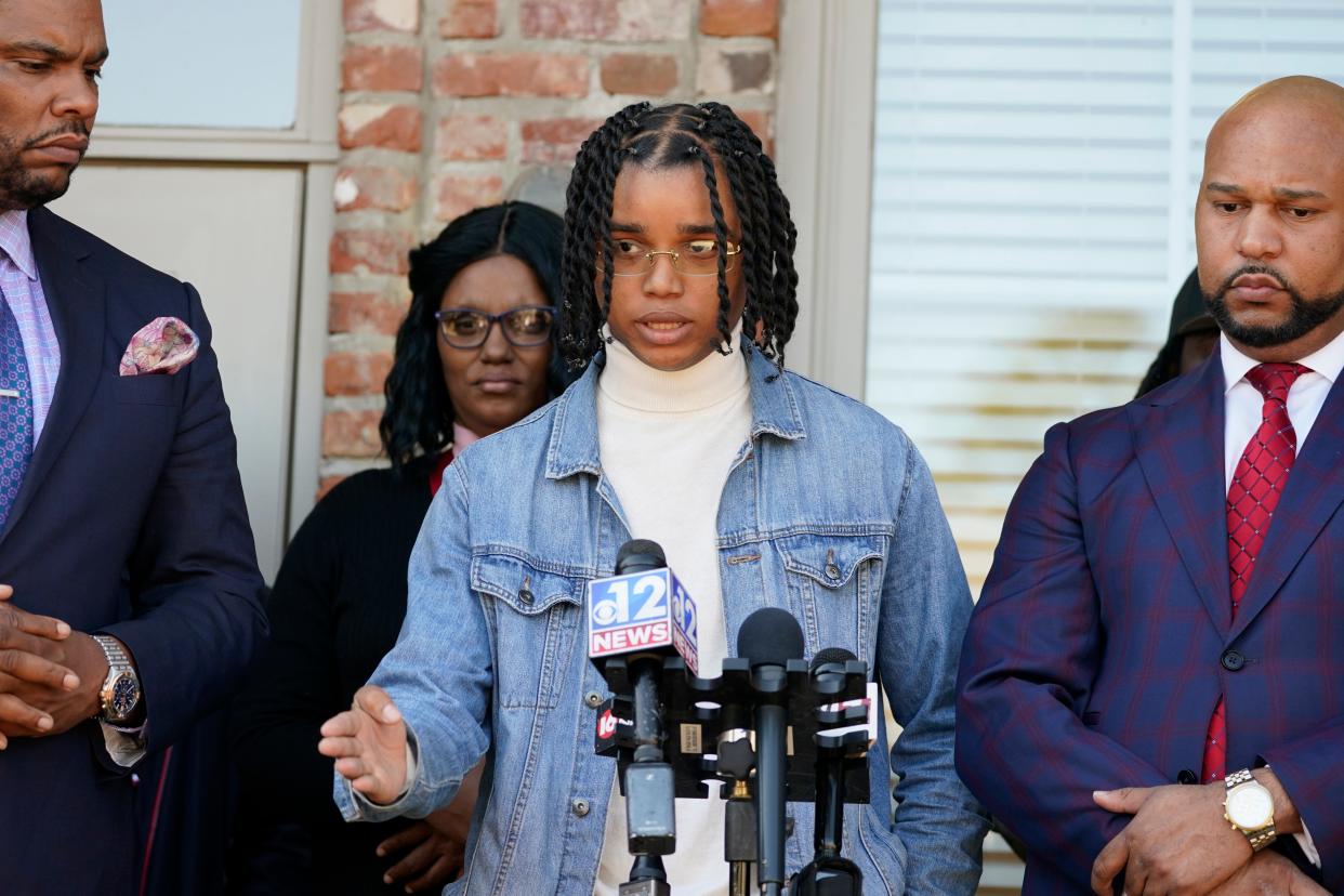 FedEx driver D'Monterrio Gibson, speaks about his recent experience where he alleges he was fired upon and chased by a white father and son while delivering packages on his route in Brookhaven, at a news conference in Ridgeland, Miss., Thursday, Feb. 10, 2022.