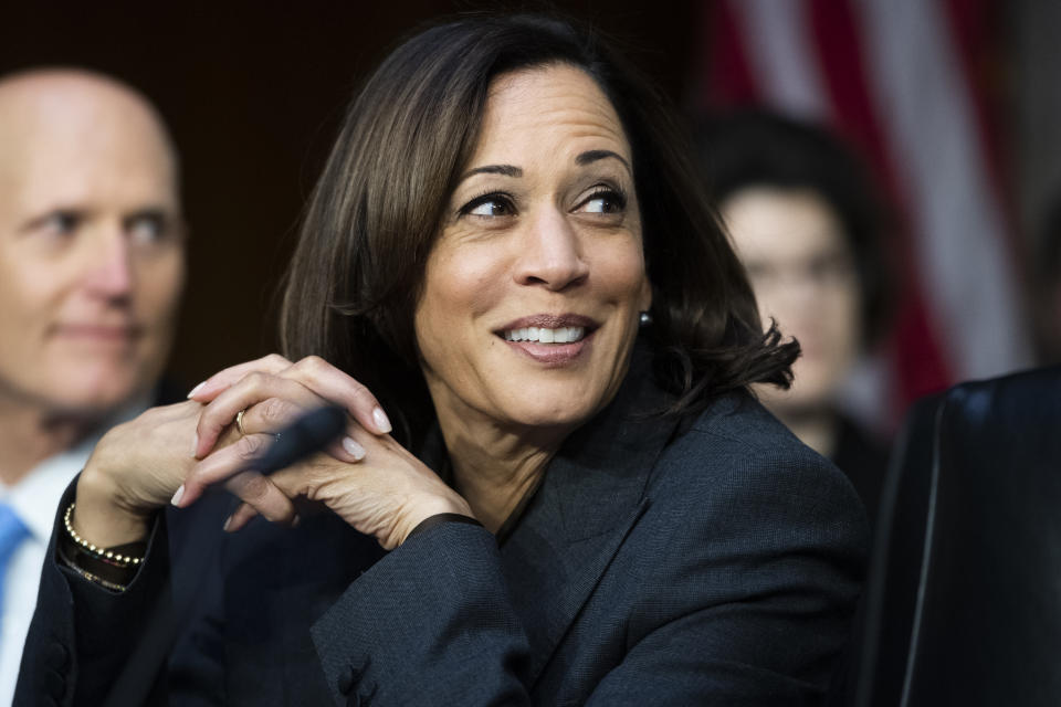 UNITED STATES - NOVEMBER 05: Sen. Kamala Harris, D-Calif., and Rick Scott, R-Fla., attend the Senate Homeland Security and Governmental Affairs Committee hearing titled Threats to the Homeland, in Hart Building on Tuesday, November 5, 2019. David J. Glawe, under secretary at the Department of Homeland Security, FBI Director Christopher Wray, and Russell Travers, acting director of the National Counterterrorism Center, testified. (Photo By Tom Williams/CQ-Roll Call, Inc via Getty Images)