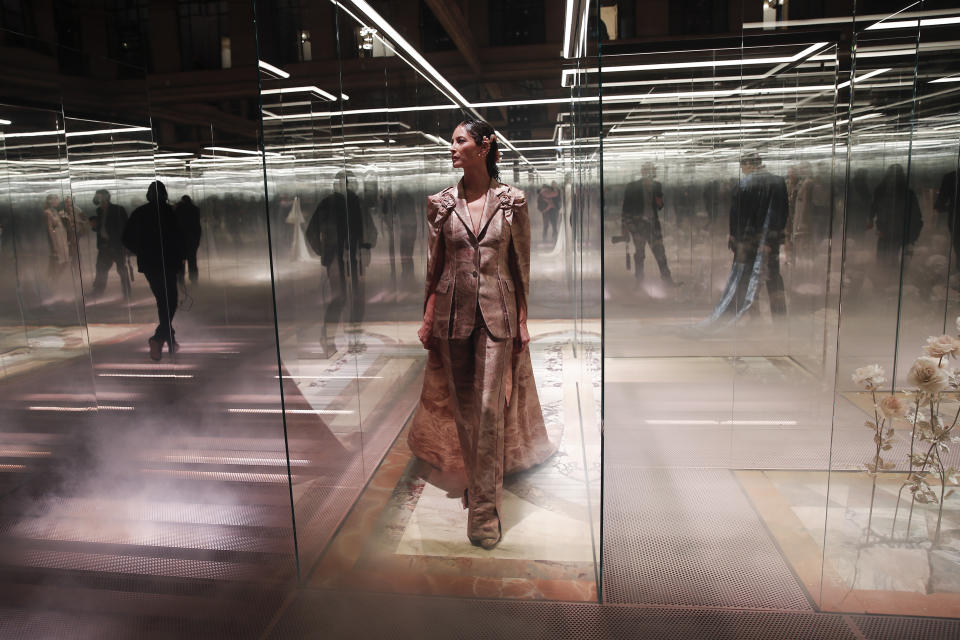 FILE - In this Jan. 27, 2021 file photo, a model wears a creation for Fendi's Spring-Summer 2021 Haute Couture fashion collection presented in Paris. (AP Photo/Francois Mori, File)