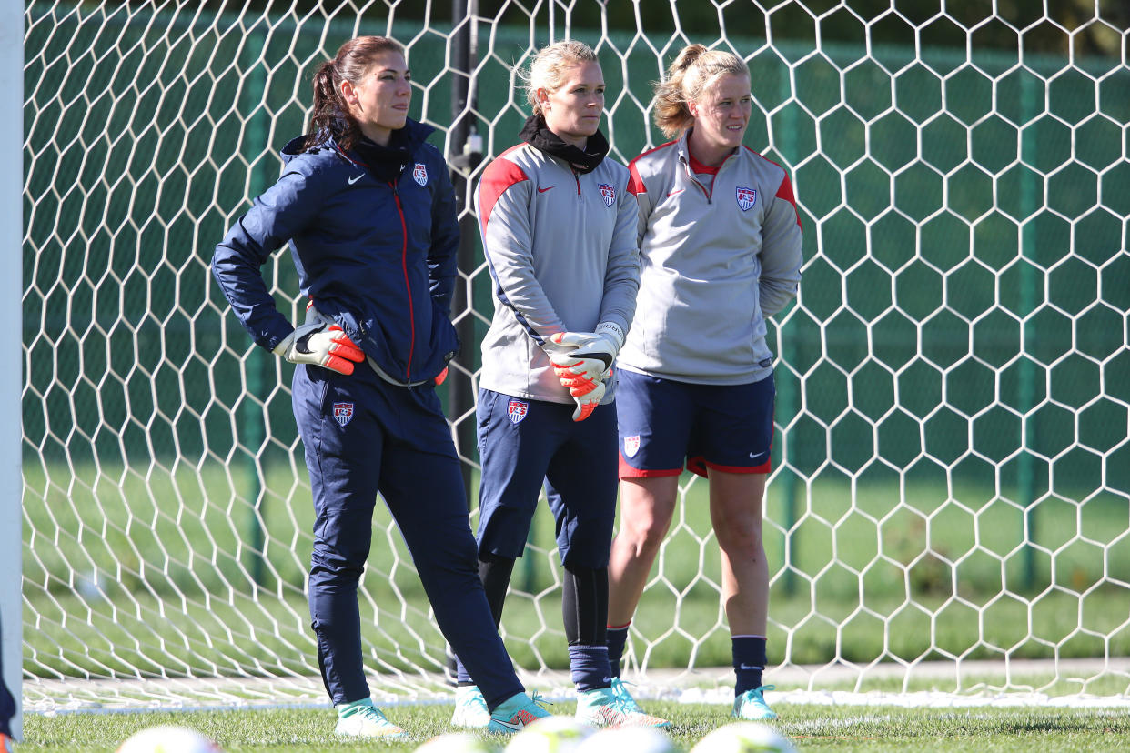 14 October 2014: U.S. goalkeepers. From left: Hope Solo, Ashlyn Harris, and Alyssa Naeher. The United States Women's National Team held a training session on the stadium field at Swope Park Soccer Village in Kansas City, Missouri in preparation for the CONCACAF Women's World Cup Qualifying Tournament for the 2015 Women's World Cup in Canada. (Photo by Andy Mead/YCJ/Icon Sportswire/Corbis via Getty Images)