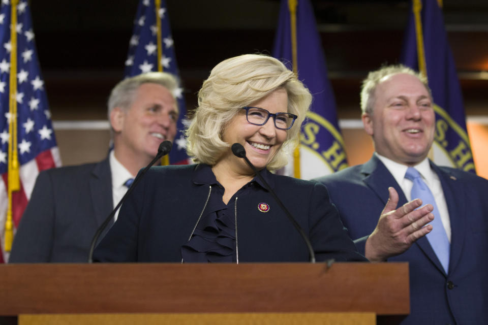House Minority Leader Kevin McCarthy of Calif., left, House Republican Conference chair Rep. Liz Cheney, R-Wyo., and House Minority Whip Steve Scalise of La., smile as they arrive for a news conference on Capitol Hill, Tuesday, Jan. 15, 2019 in Washington. (AP Photo/Alex Brandon)