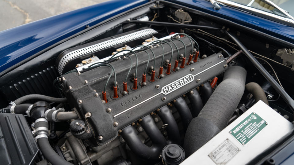 The 217 hp straight-six engine inside a 1960 Maserati 3500 GT Spider.