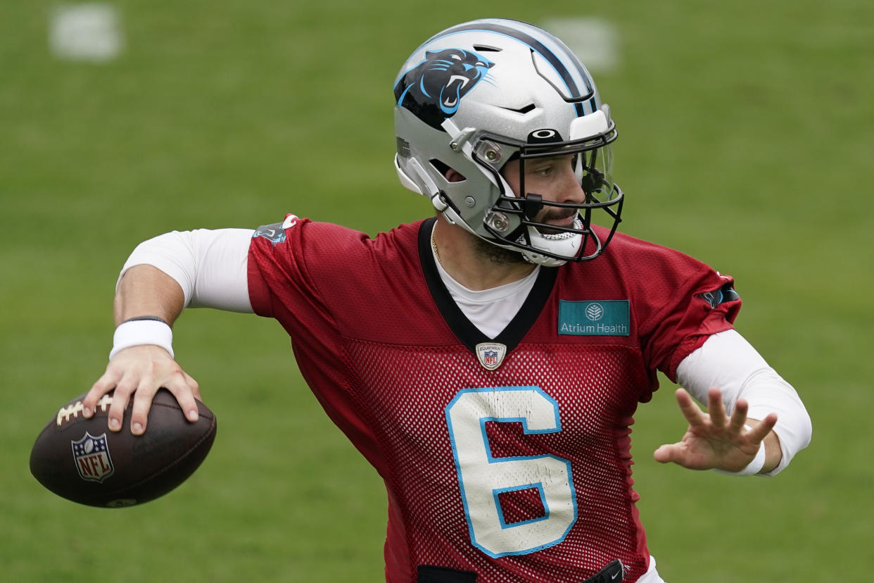 Does Baker Mayfield really have a chance to be on the bench come Week 1 vs. the Cleveland Browns? Apparently, according to Panthers head coach Matt Rhule. (AP Photo/Chris Carlson)