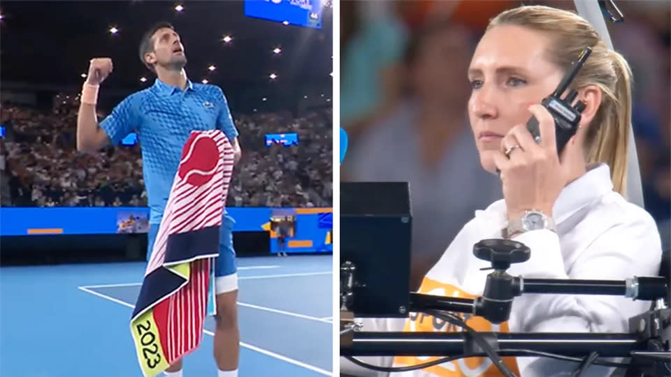 Novak Djokovic caused confusion when he tried to grab the attention of the Australian Open chair umpire (pictured right) for a bathroom break with only moments left for start of play to continue. (Images: Channel Nine)
