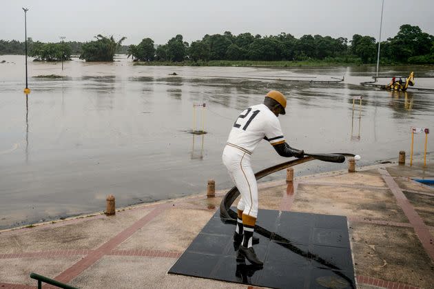 A parking area is seen flooded outside Roberto Clemente Stadium on Monday in Salinas, Puerto Rico. (Photo: JOSE RODRIGUEZ via Getty Images)