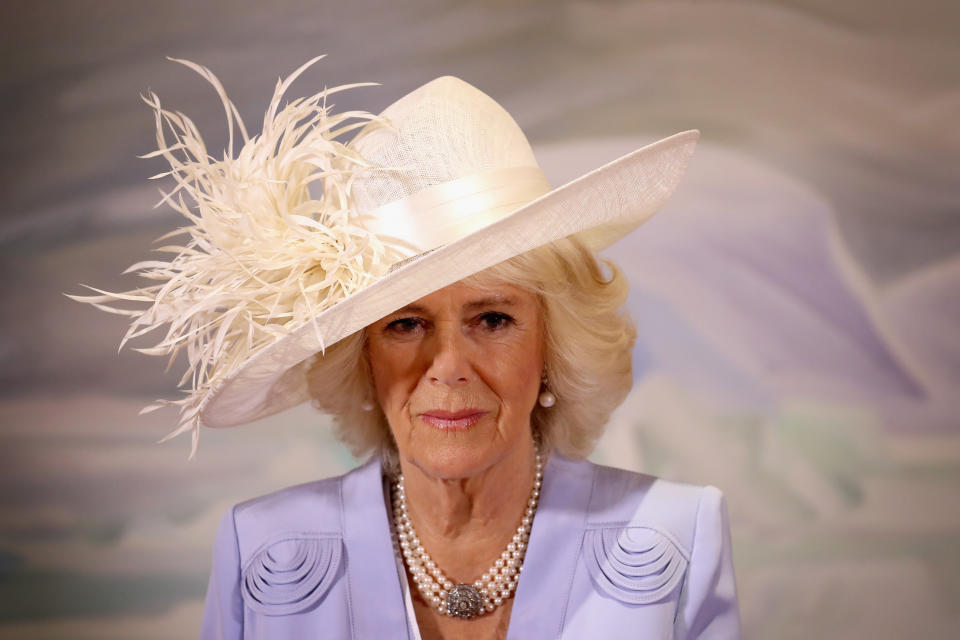 Camilla Duchess of Cornwall in feathered hat and lilac suit