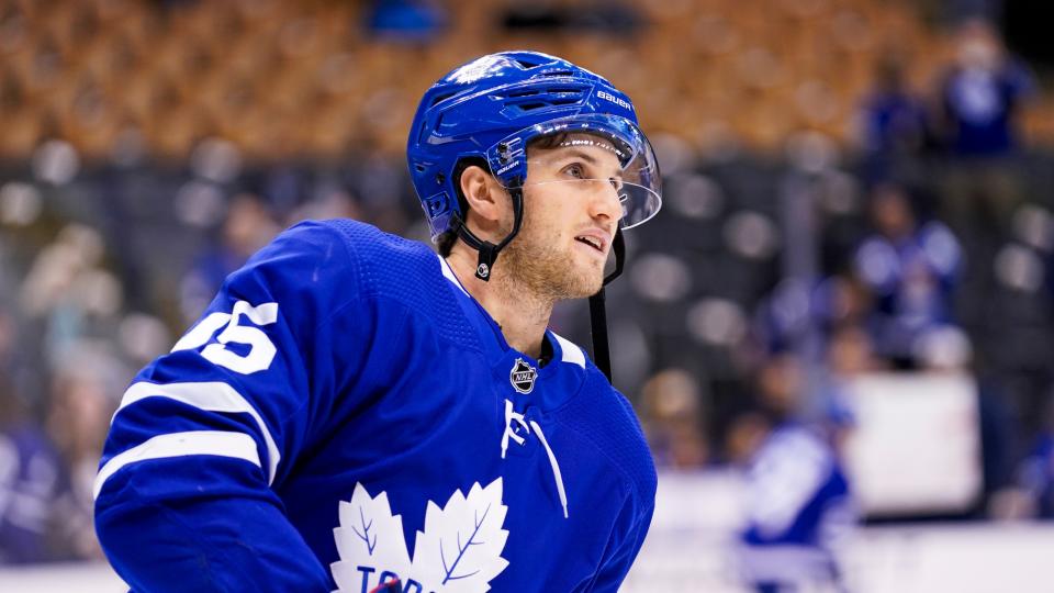 After sending Erik Johnson head-first into the boards on Saturday, Toronto Maple Leafs forward Alexander Kerfoot will have a disciplinary hearing. (Photo by Kevin Sousa/NHLI via Getty Images)