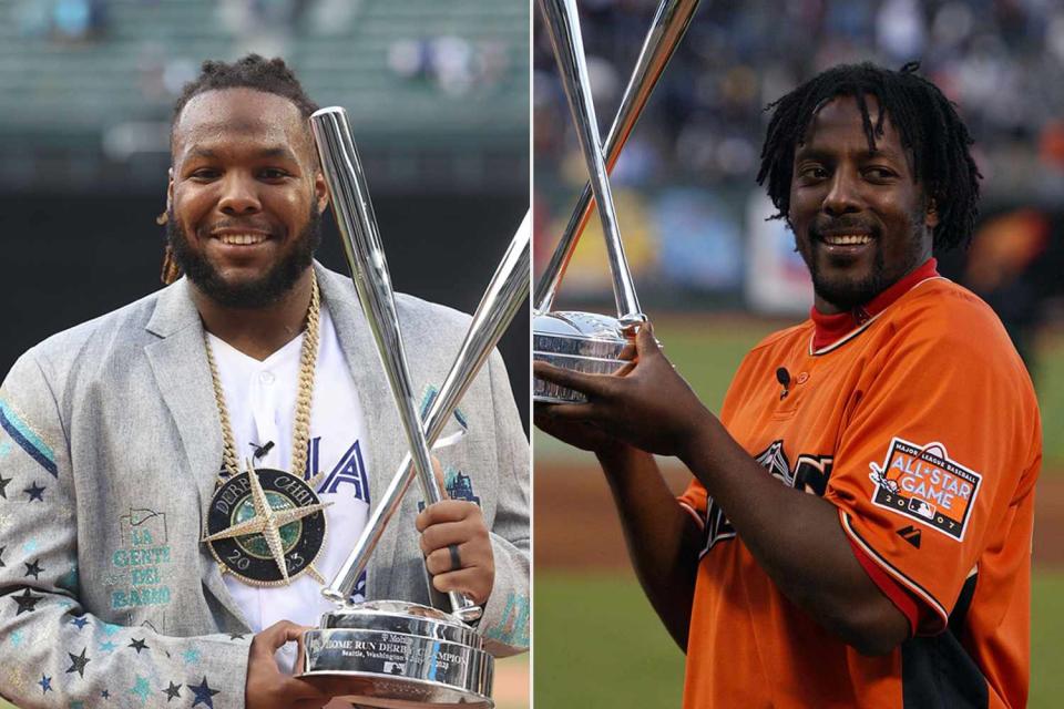 <p>ANTHONY BOLANTE/EPA-EFE/Shutterstock; Albert Dickson/Sporting News via Getty Images</p> Vladimir Guerrero Jr. wins the the Home Run Derby on July 10, 2023 (L); Vladimir Guerrero Sr. wins the the Home Run Derby on July 9, 2007