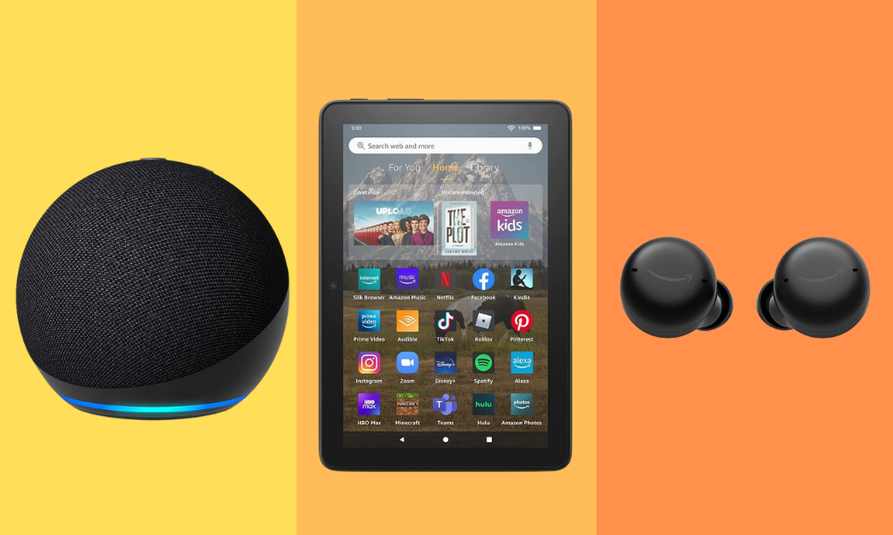 echo dot, tablet, earbuds