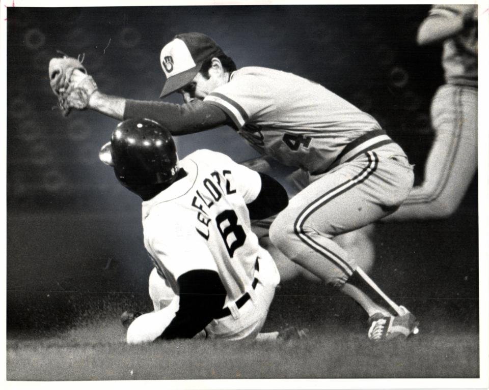 Ron LeFlore slides under the glove of second baseman Paul Molitor in the third inning for his 51st steal of the year in 1979.